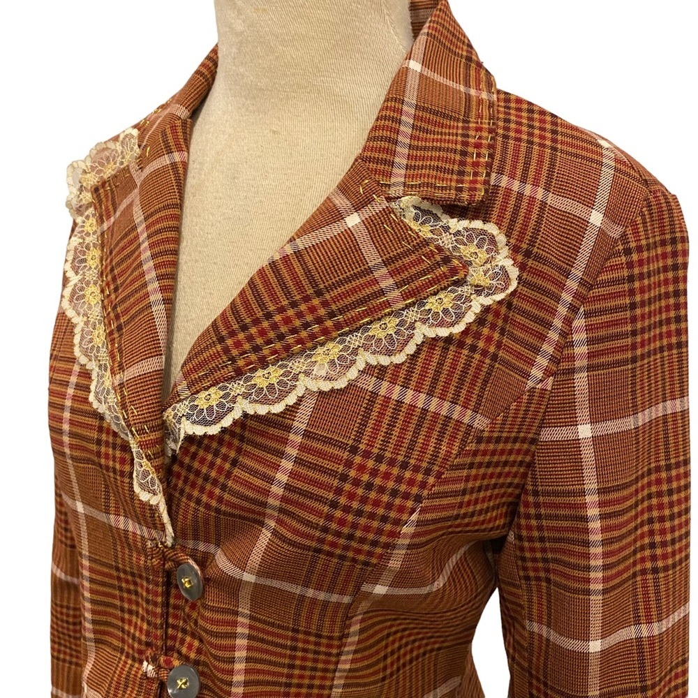 Y2K Plaid Blazer With Lace Trim Collar - Picture 8 of 11